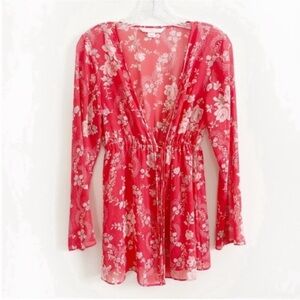 Victoria's Secret robe red pink floral tie front sheer short Y2K